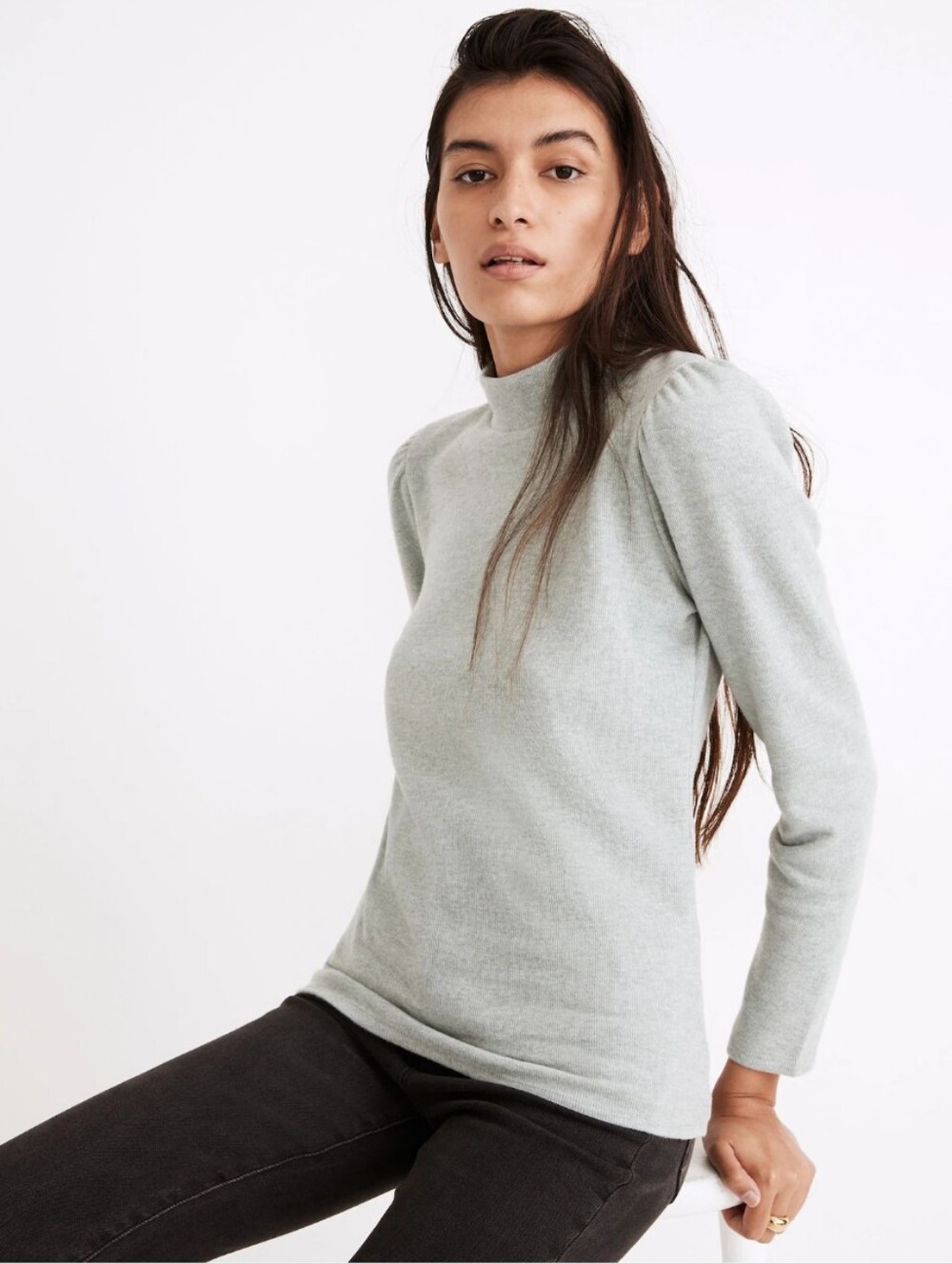 Madewell (Re)sourced Plush Mockneck Puff-Sleeve Top Sweater Knit M Sage Mist